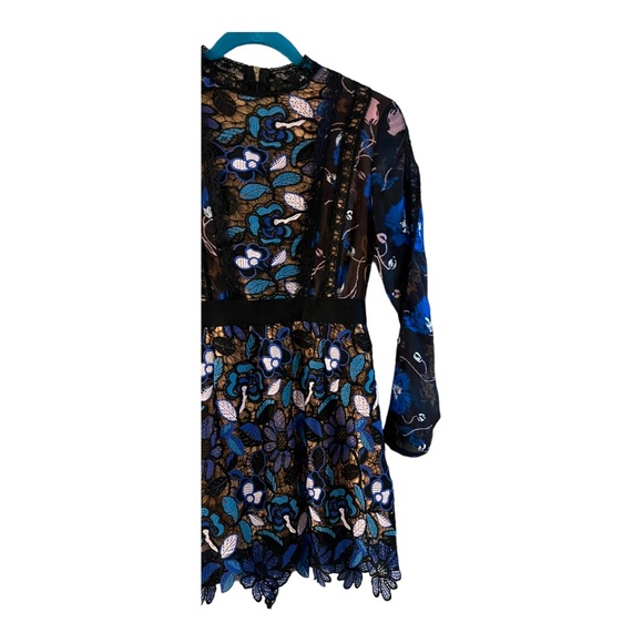 Self Portrait Maxine Floral Lace Mini Dress Long Sleeve Blue Black Aiden Size M - Picture 9 of 16